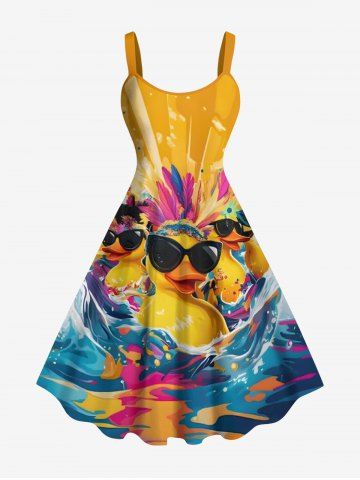Plus Size Cool Duck Feather Sea Waves Print Hawaii A Line Tank Dress - DEEP YELLOW - 1X