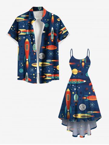 Colorful Rocket Moon Star Planet Galaxy Print Plus Size Matching Hawaii Beach Outfit For Couples - DEEP BLUE