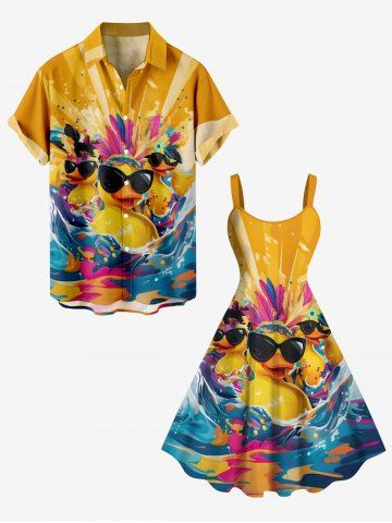 Cool Duck Feather Sea Waves Print Plus Size Plus Size Matching Outfit For Couples - YELLOW