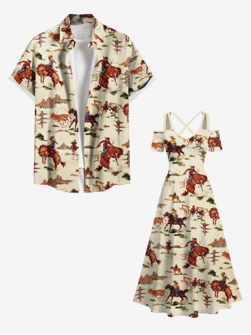 Horse Rider Print Plus Size Western Cowboy Style Matching Hawaii Beach Outfit For Couples - LIGHT COFFEE