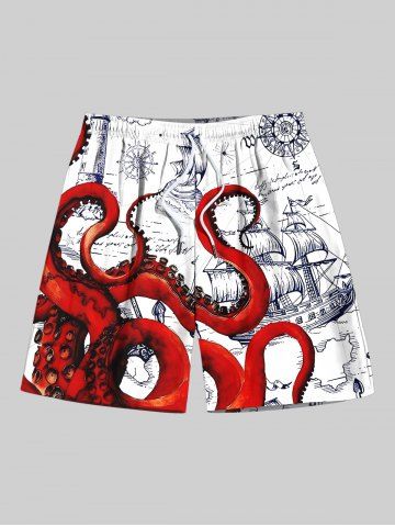 Plus Size Octopus Sailboat Map Print Hawaii Cruise Drawstring Beach Shorts For Men - WHITE - 2XL