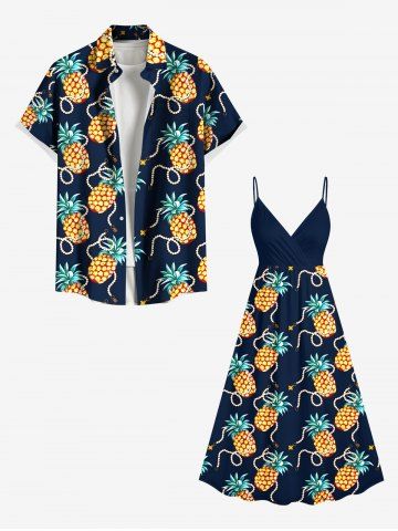 Pineapple Beading Print Plus Size Matching Hawaii Beach Outfit For Couples - DEEP BLUE