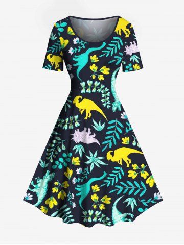 Plus Size Dinosaur Floral Leaves Branch Print Hawaii Vintage A Line Dress - DEEP BLUE - 1X