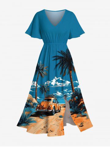 Plus Size Coconut Tree Cloud Sky Beach Car Print Hawaii Split Pocket A Line Midi Dress - BLUE - S