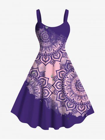 Plus Size Ethnic Floral Graphic Print Hawaii A Line Tank Dress - PURPLE - 3X