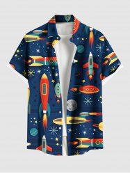 Plus Size Colorful Rocket Moon Star Planet Galaxy Print Hawaii Button Pocket Shirt For Men -  