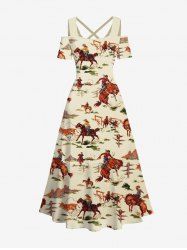 Plus Size Horse Rider Print Hawaii Western Cowboy Style Cold Shoulder Crisscross Strappy A Line Maxi Dress -  