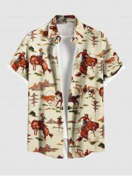 Plus Size Horse Rider Print Hawaii Western Cowboy Style Button Pocket Shirt For Men -  