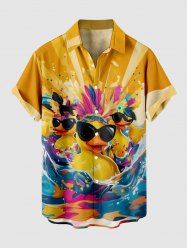 Plus Size Cool Duck Feather Sea Waves Print Hawaii Button Pocket Shirt For Men -  