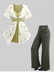 Watercolor Flowers Printed Asymmetrical 2 In 1 Blouse and Pintuck Buckle Waist Pocket Wide Leg Pants Plus Size Outfit -  