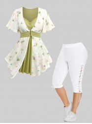 Watercolor Flowers Printed Asymmetrical 2 In 1 Blouse and High Waisted Lace Up Plus Size Capri Pants Plus Size Outfit -  