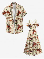 Horse Rider Print Plus Size Western Cowboy Style Matching Hawaii Beach Outfit For Couples -  