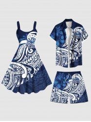 Tenue de plage hawaïenne assortie grande taille à imprimé floral et courbes pour couples - Bleu 