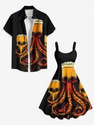 Skull Octopus Beer Print Plus Size Matching Hawaii Beach Outfit For Couples -  