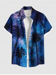 Chemise à Boutons avec Poche et à Imprimé Cocotiers et Galaxie Grande-Taille pour Hommes - Bleu 3XL