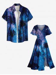 Tenue de Plage Contrastante Imprimé Cocotier Grande Taille pour Couples - Bleu 