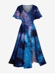 Plus Size Coconut Tree Glitter Ombre Galaxy Print Hawaii Split Pocket A Line Midi Dress -  