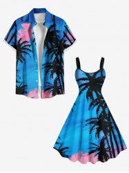 Contrastant Imprimé Cocotier Grande Taille Tenue et Plage pour Couples - Bleu 