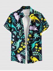 Plus Size Dinosaur Flower Leaf Branch Print Hawaii Button Pocket Shirt For Men -  