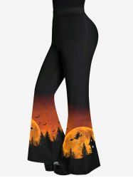 Pantalon D'Halloween Evasé Lune Arbre et Maison Imprimés - Noir XS