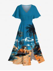Plus Size Coconut Tree Cloud Sky Beach Car Print Hawaii Split Pocket A Line Midi Dress -  