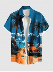 Plus Size Coconut Tree Cloud Sky Beach Car Print Hawaii Button Pocket Shirt For Men -  
