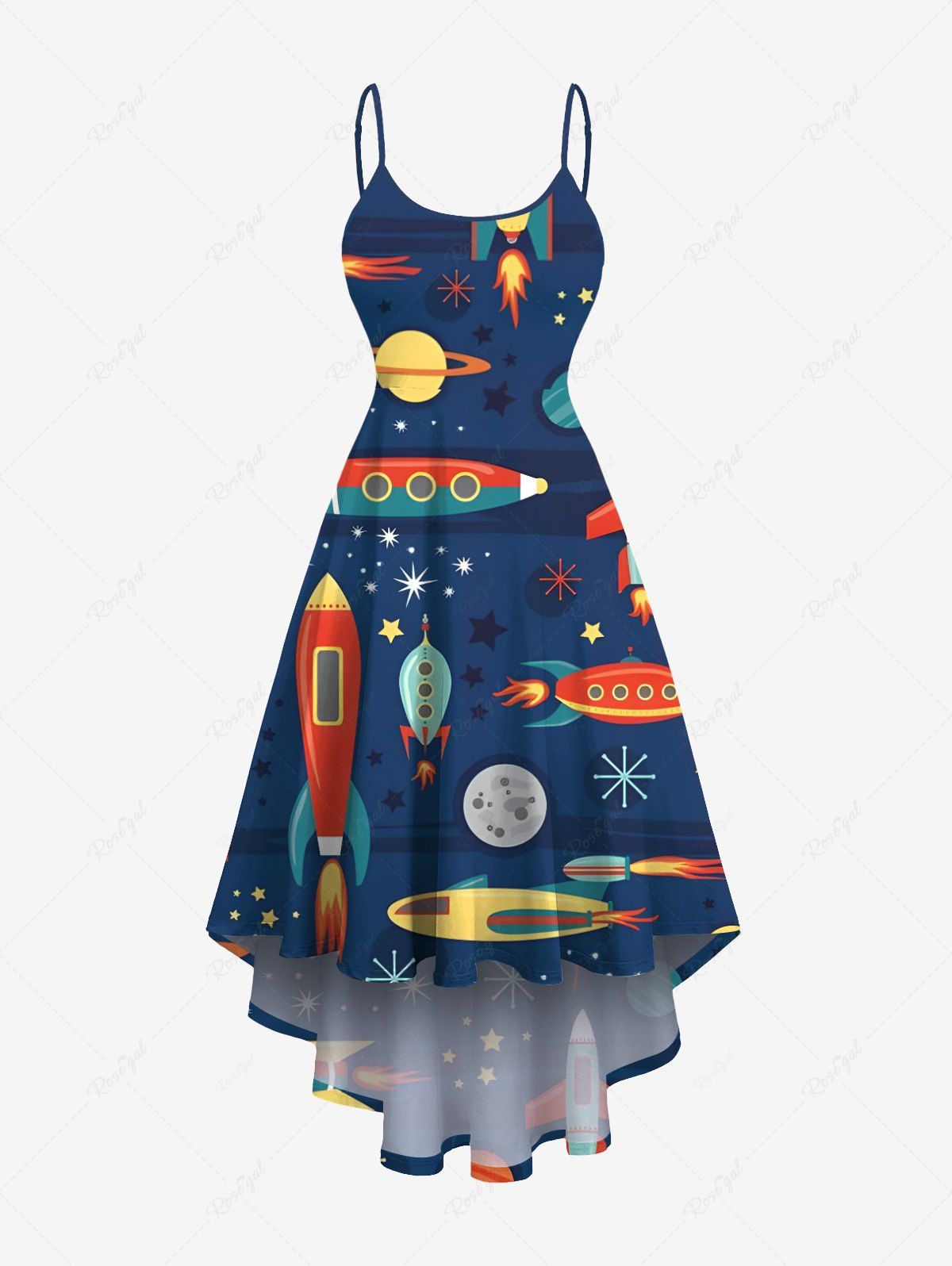 Latest Plus Size Colorful Rocket Moon Star Planet Galaxy Print Hawaii High Low Asymmetric Cami Dress  
