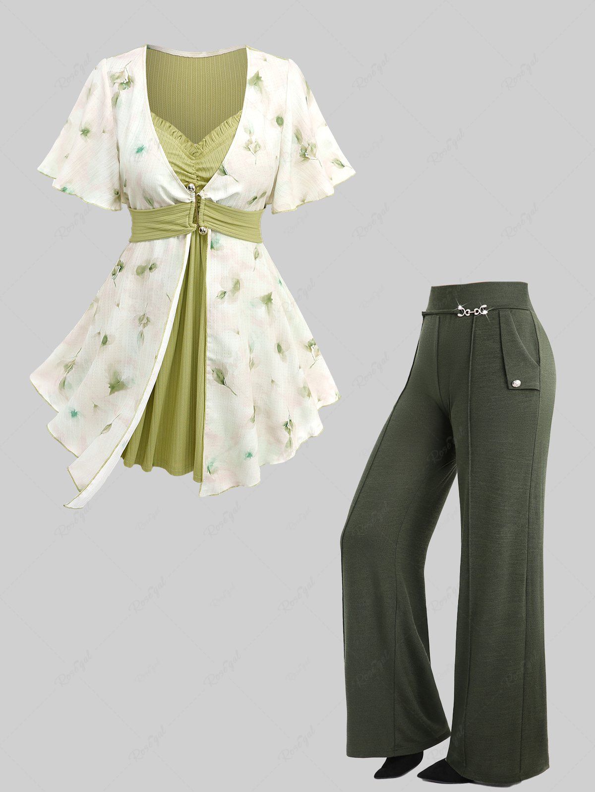 Shop Watercolor Flowers Printed Asymmetrical 2 In 1 Blouse and Pintuck Buckle Waist Pocket Wide Leg Pants Plus Size Outfit  