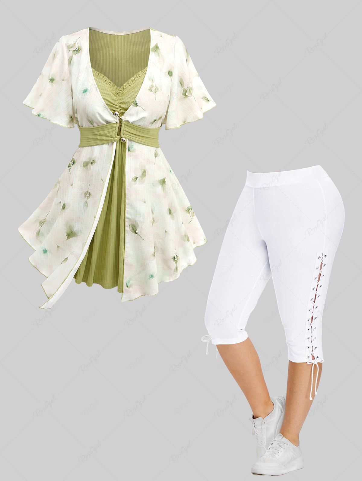 Unique Watercolor Flowers Printed Asymmetrical 2 In 1 Blouse and High Waisted Lace Up Plus Size Capri Pants Plus Size Outfit  