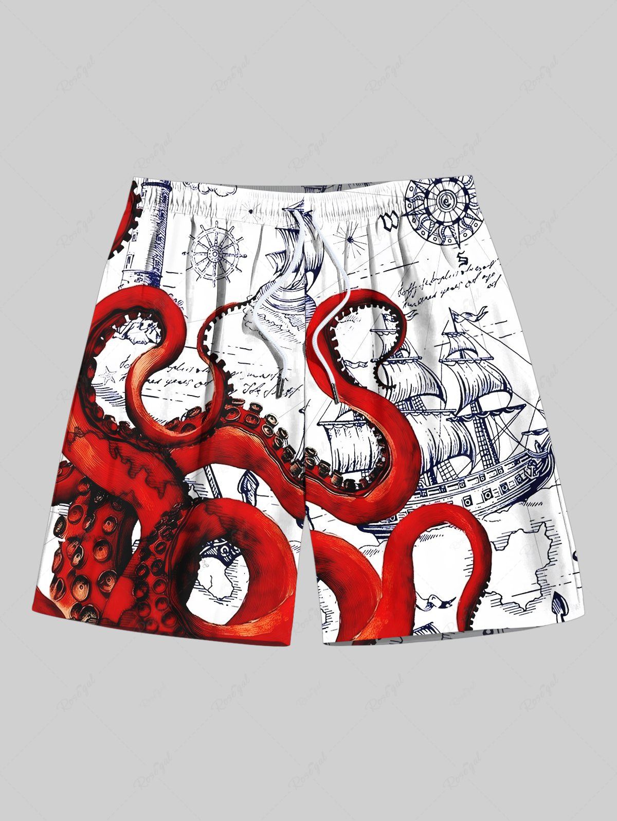 Affordable Plus Size Octopus Sailboat Map Print Hawaii Cruise Drawstring Beach Shorts For Men  