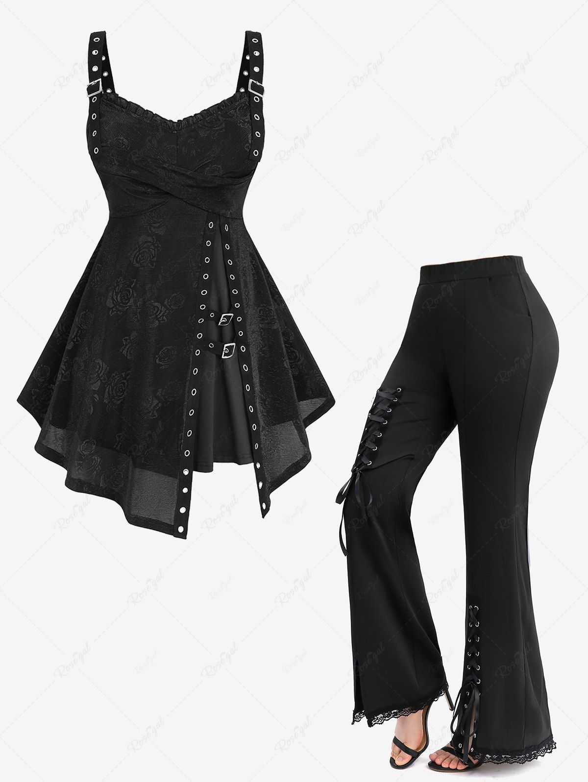 Trendy Rose Flower Print Crossover Bust Ribbed Tank Top and Lace-up Split Pocket Solid Flare Pants Plus Size Outfit  
