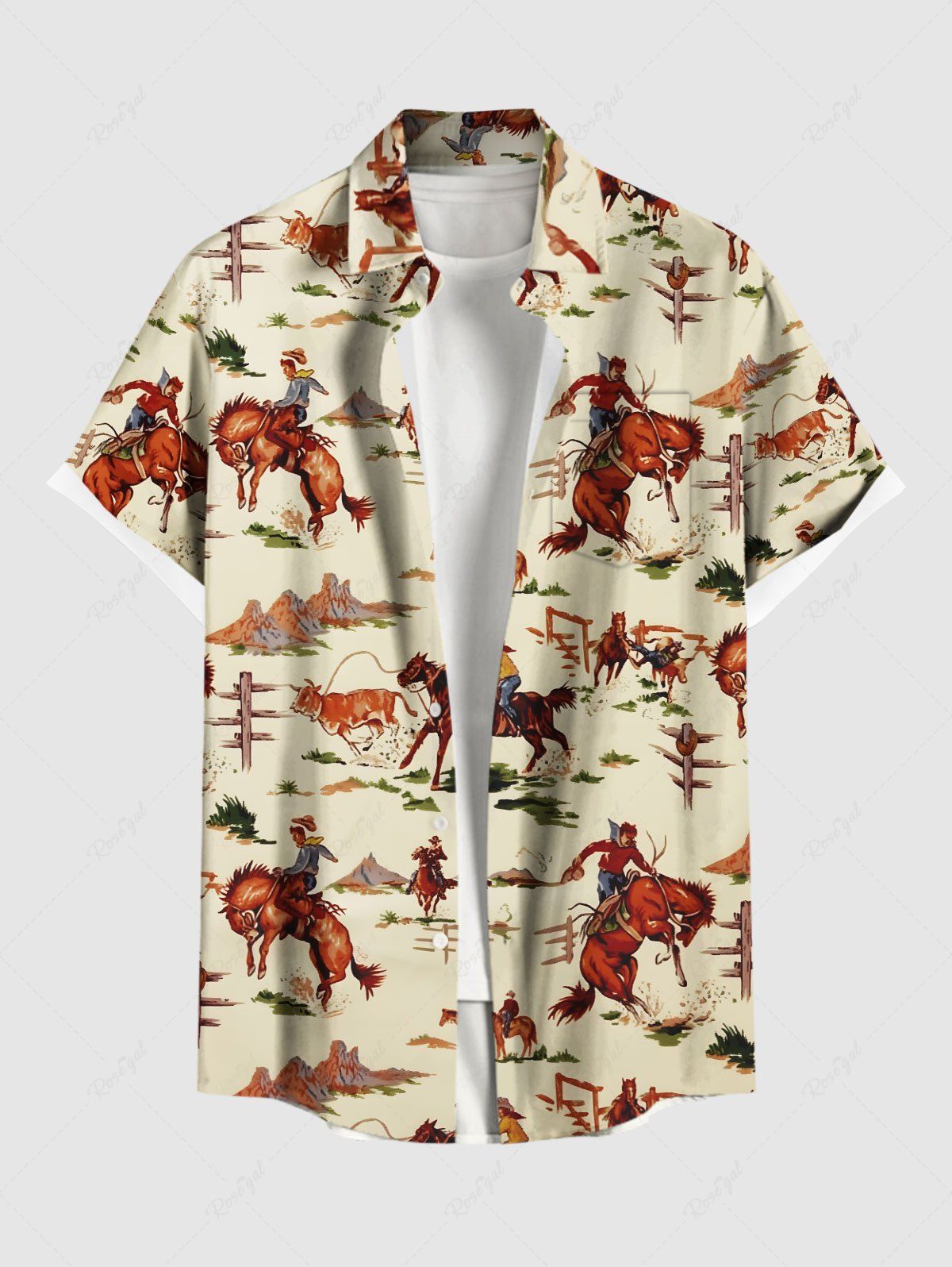 Fashion Plus Size Horse Rider Print Hawaii Western Cowboy Style Button Pocket Shirt For Men  