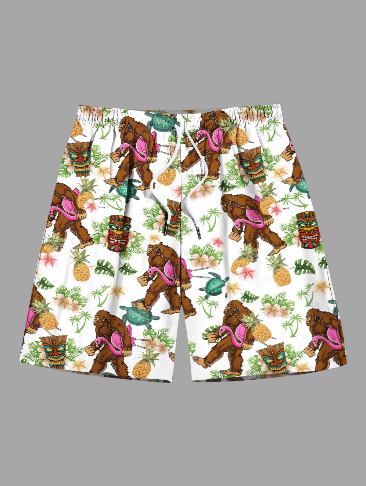 Outfit Plus Size Coconut Tree Tropical Leaves Floral Pineapple Gorillas Turtle Mask Print Hawaii Drawstring Beach Shorts For Men  