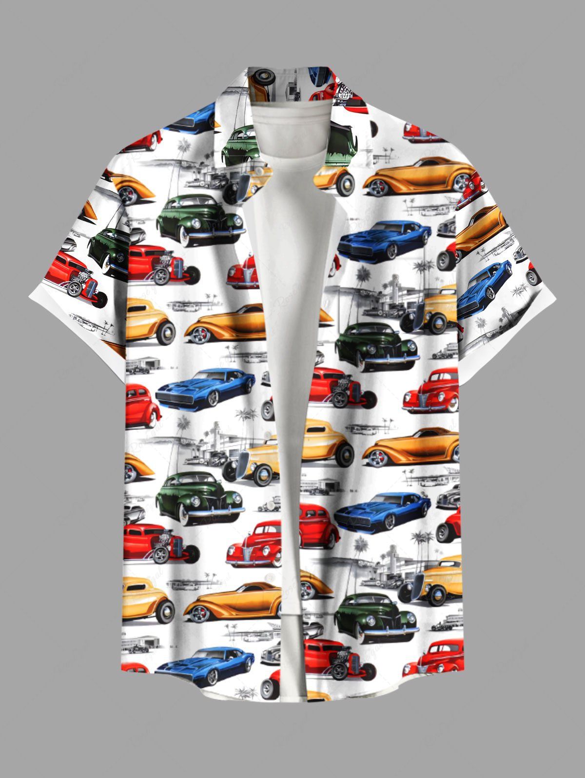Online Plus Size Colorful Car Coconut Tree Print Hawaii Button Pocket Shirt For Men  