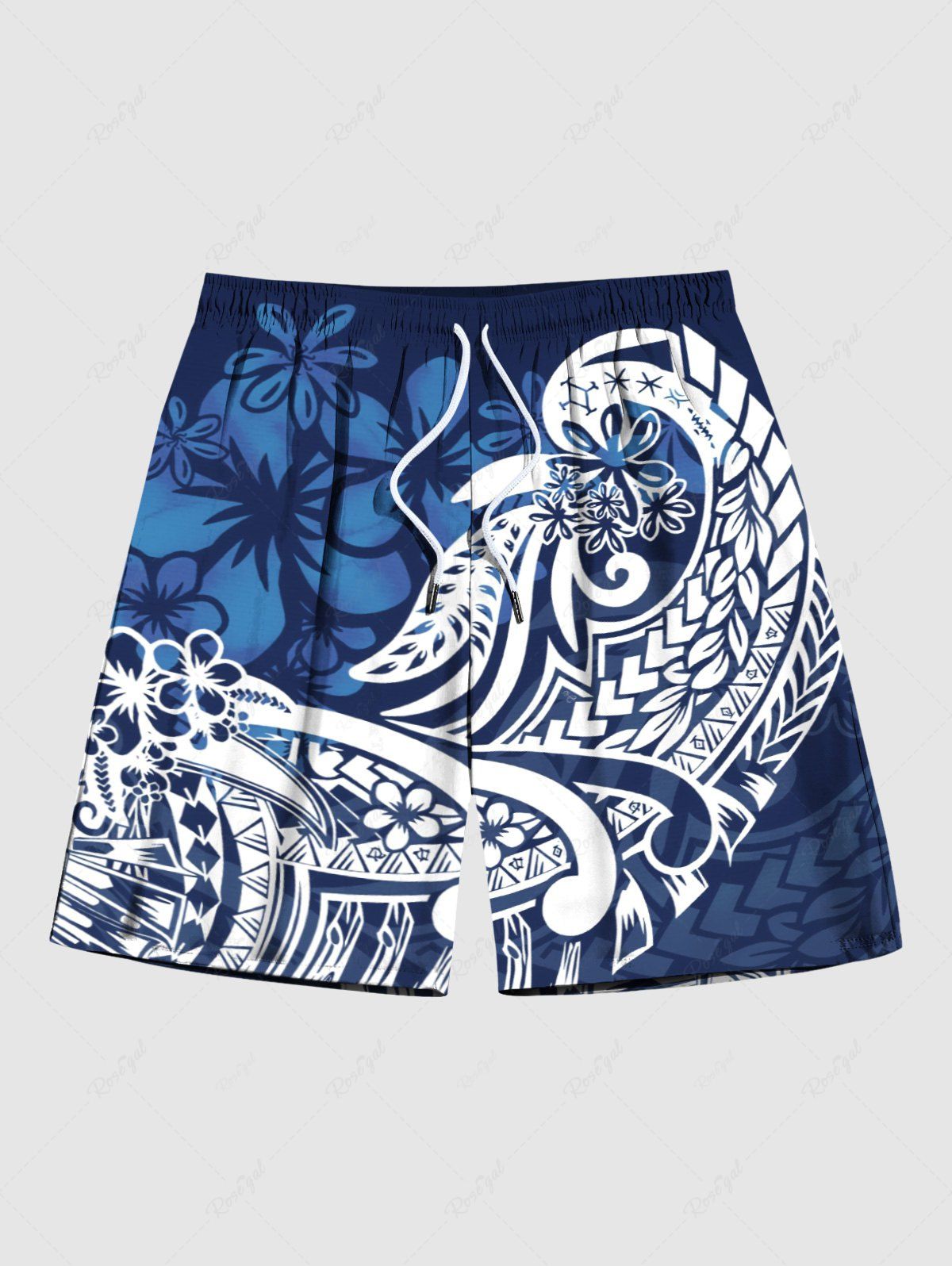 New Plus Size Floral Curve Print Hawaii Ombre Drawstring Beach Shorts For Men  