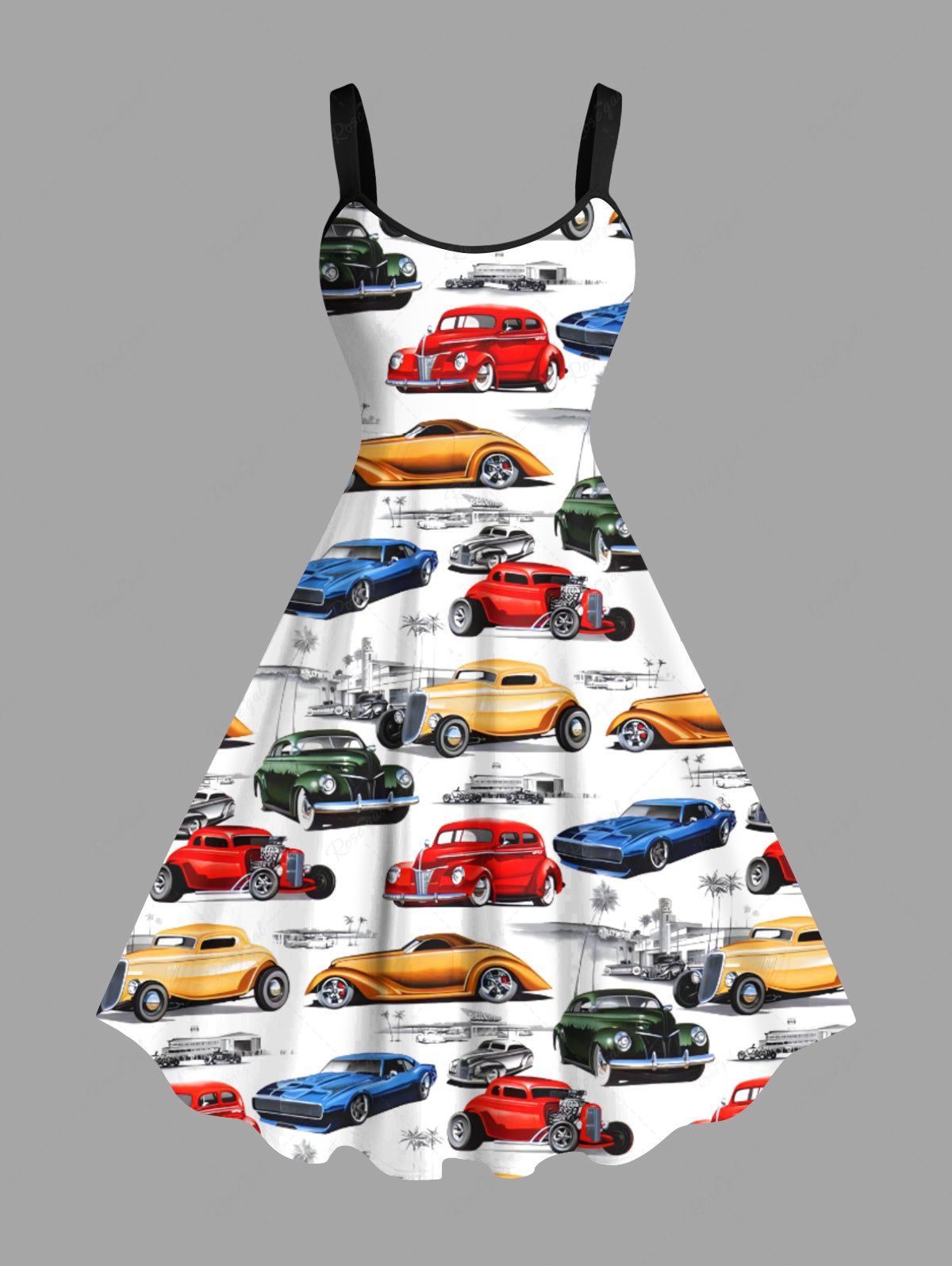 Sale Plus Size Colorful Car Coconut Tree Print Hawaii A Line Tank Dress  