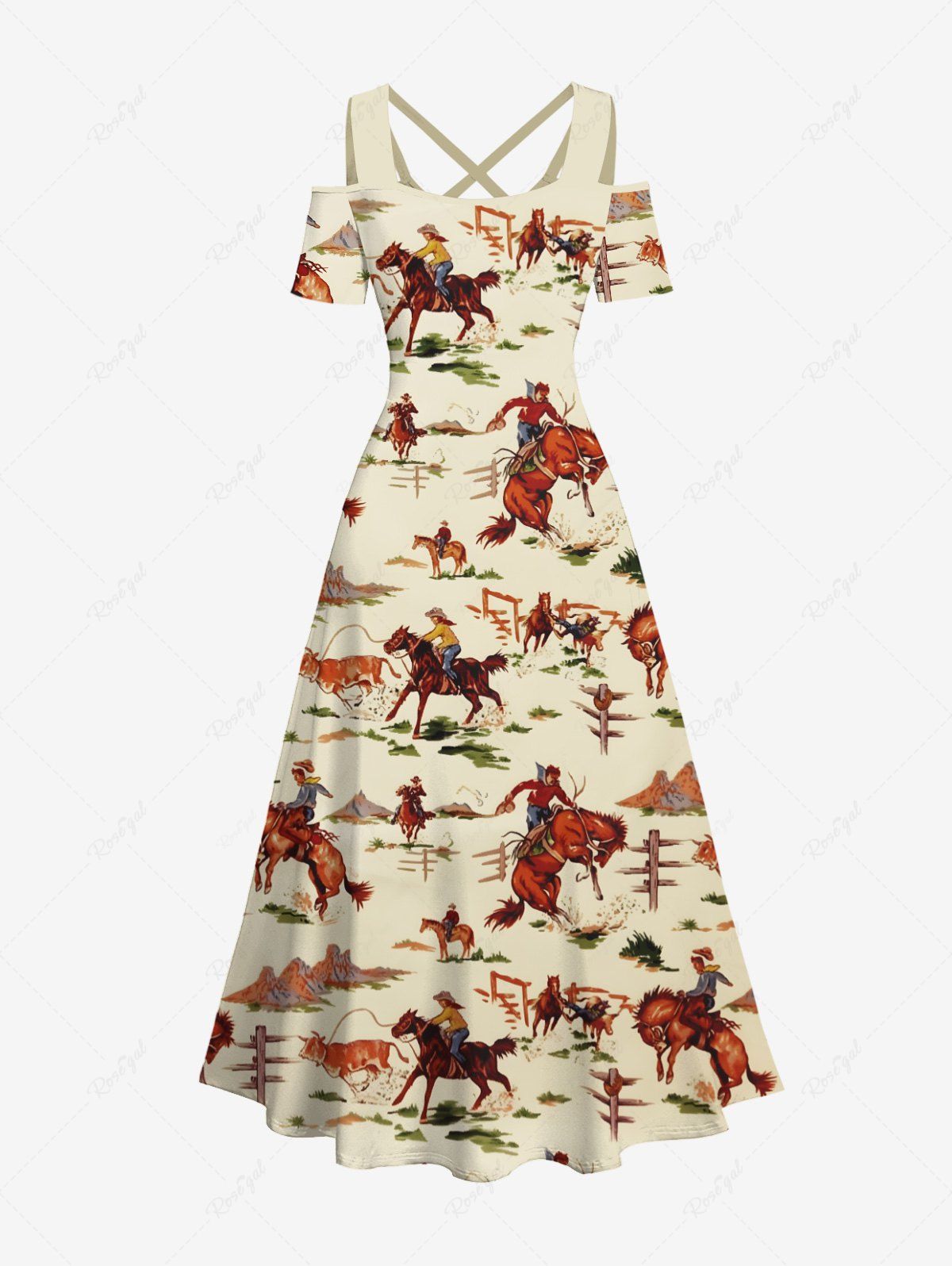 Cheap Plus Size Horse Rider Print Hawaii Western Cowboy Style Cold Shoulder Crisscross Strappy A Line Maxi Dress  