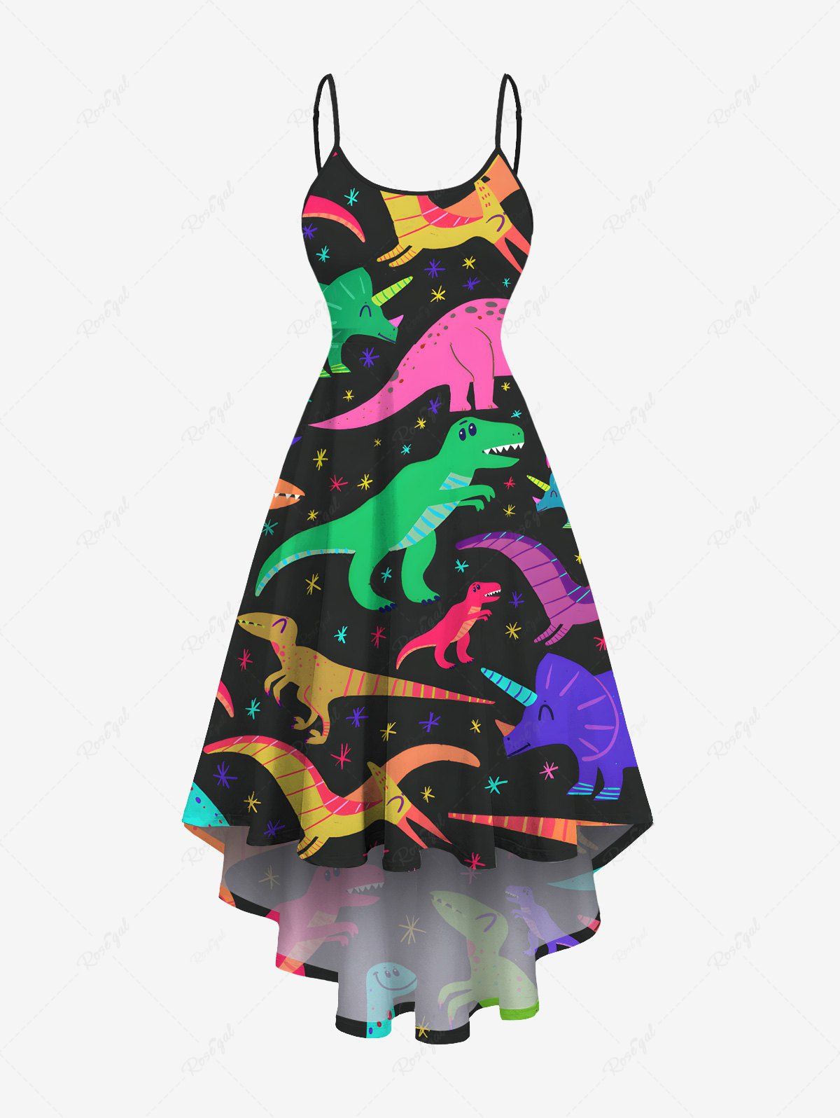Outfit Plus Size Colorful Dinosaur Print Hawaii High Low Asymmetric Cami Dress  