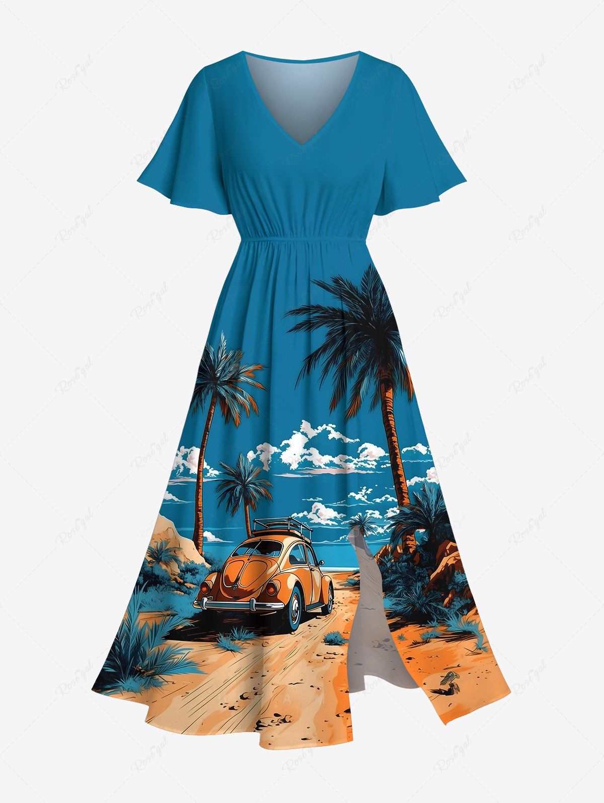 Fancy Plus Size Coconut Tree Cloud Sky Beach Car Print Hawaii Split Pocket A Line Midi Dress  
