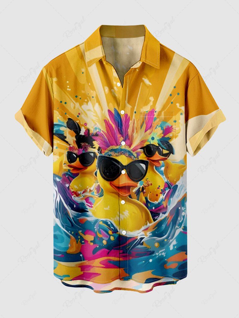 Shops Plus Size Cool Duck Feather Sea Waves Print Hawaii Button Pocket Shirt For Men  