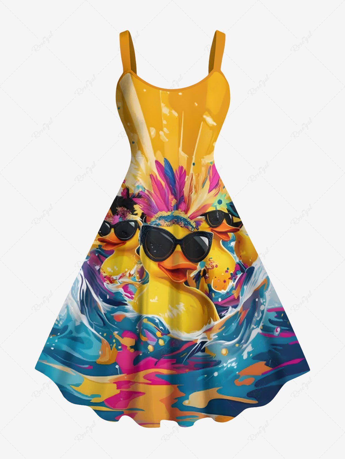 Cheap Plus Size Cool Duck Feather Sea Waves Print Hawaii A Line Tank Dress  