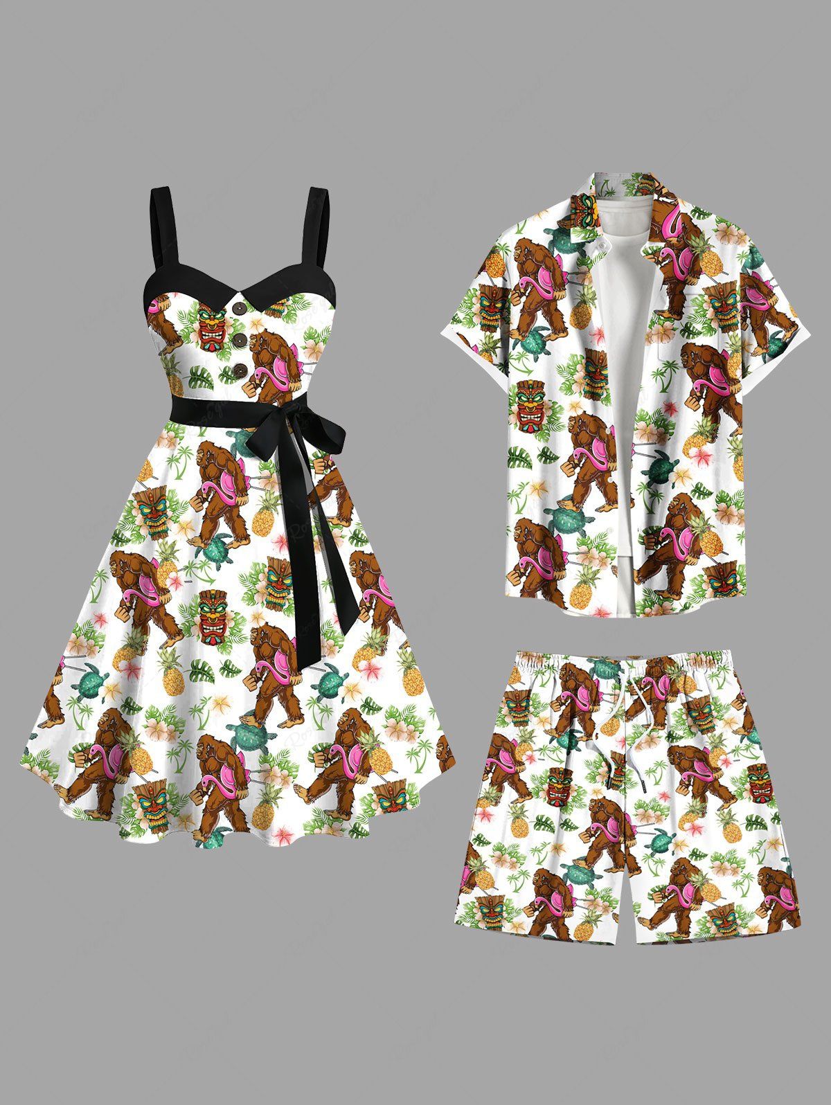 Best Gorillas Coconut Tree Flowers Pineapple Masks Print Plus Size Matching Hawaii Beach Outfit For Couples  