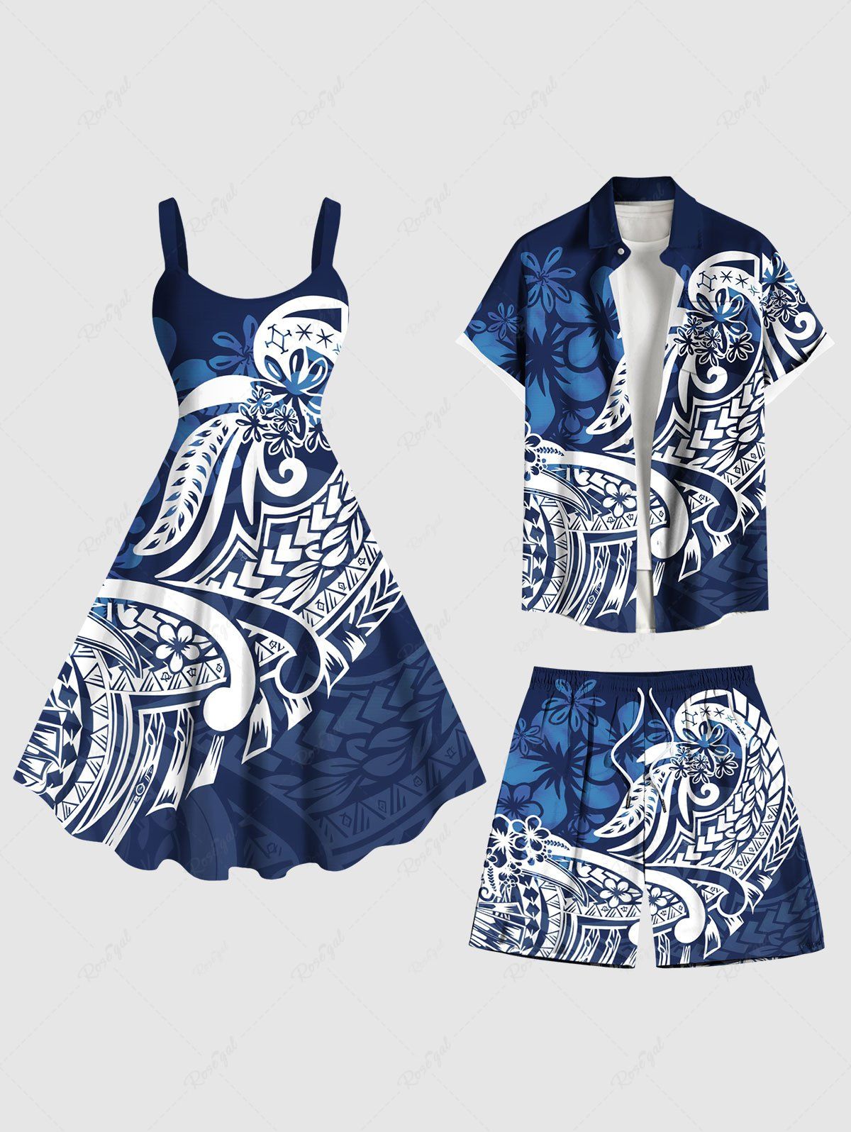 Tenue de plage hawaïenne assortie grande taille à imprimé floral et courbes pour couples Bleu 