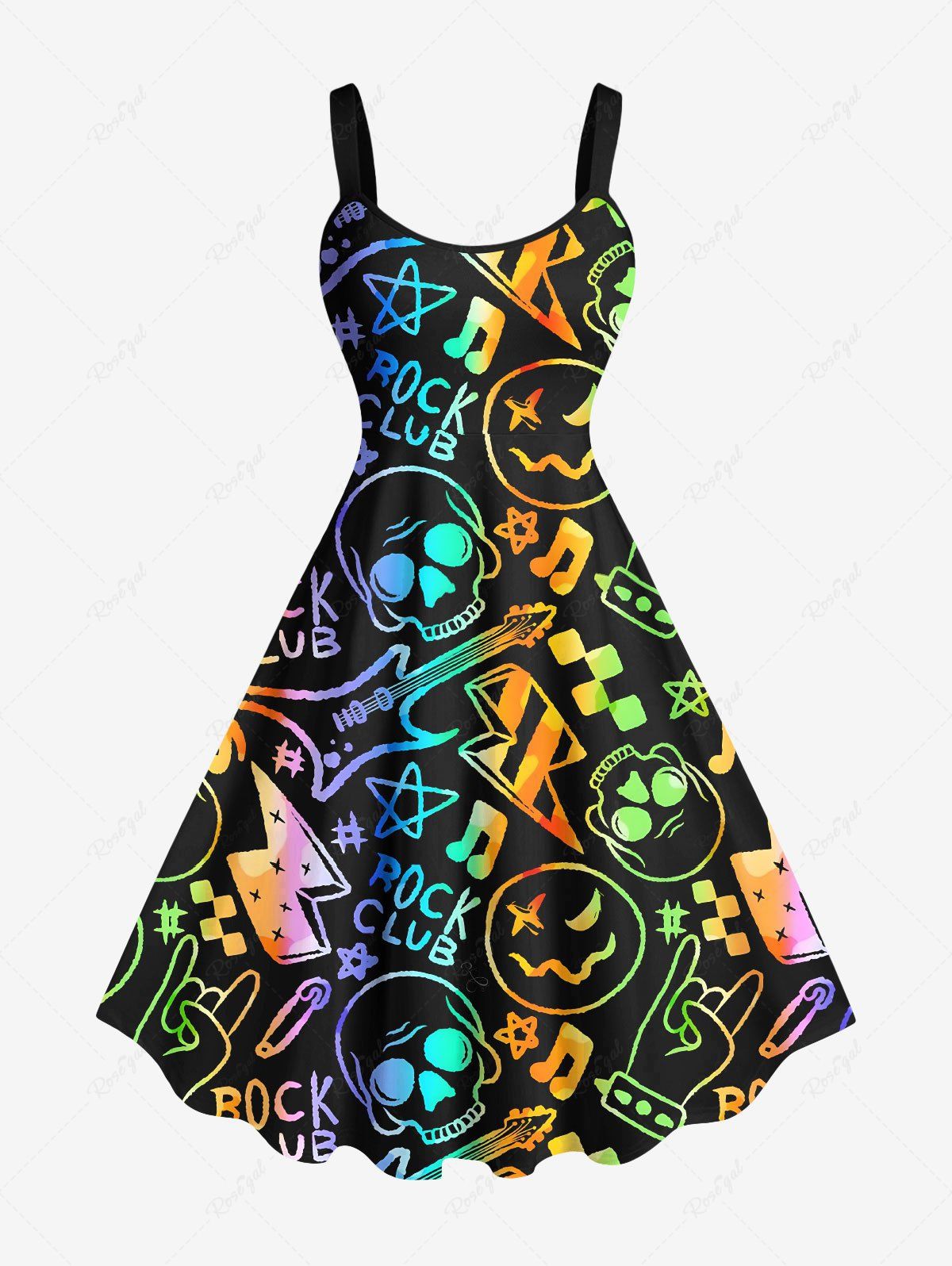 Store Plus Size Colorful Ombre Skull Guitar Star Letters Music Symbol Print Hawaii Rock and Roll A Line Tank Dress  