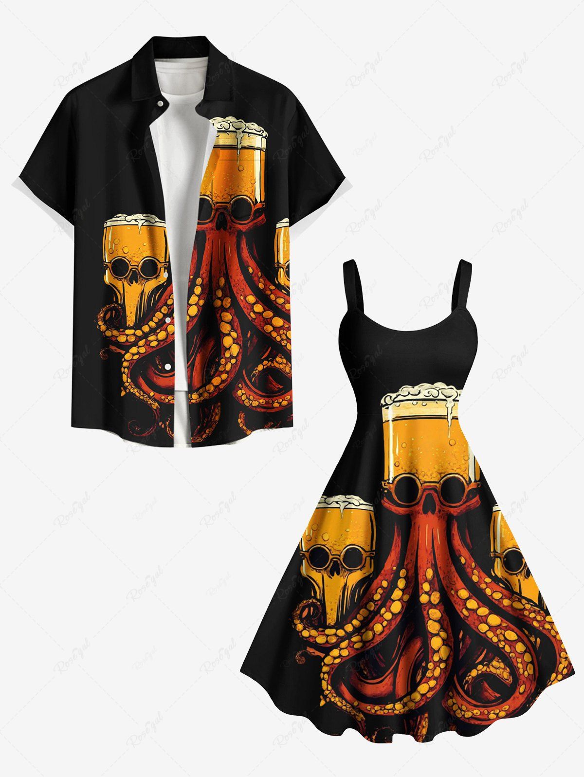 Buy Skull Octopus Beer Print Plus Size Matching Hawaii Beach Outfit For Couples  