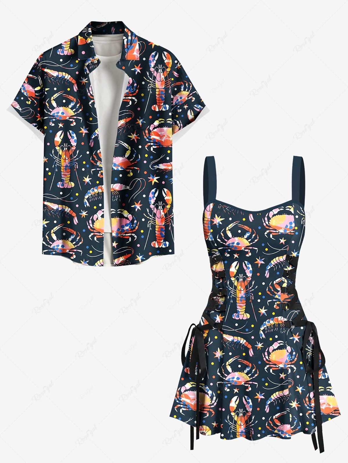 Trendy Colorful Crab Lobster Stars Print Matching Hawaii Sea Creatures Beach Outfit For Couples  