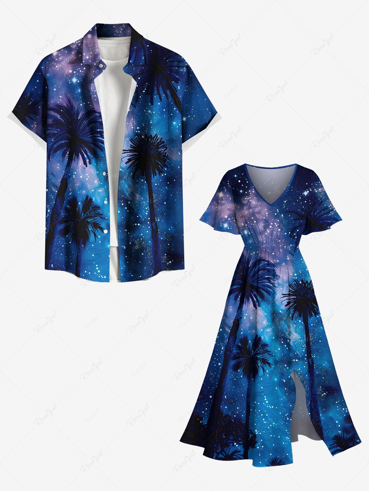 Tenue de Plage Contrastante Imprimé Cocotier Grande Taille pour Couples Bleu 