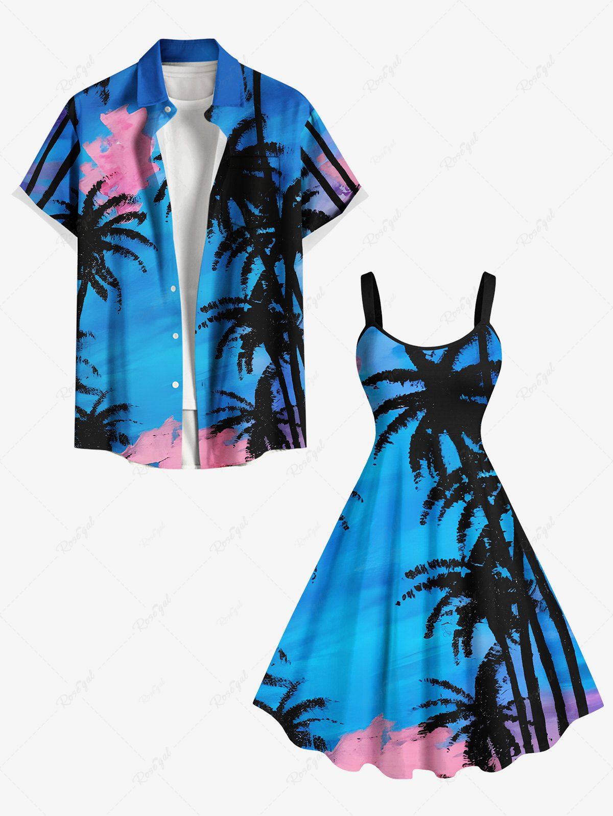 Contrastant Imprimé Cocotier Grande Taille Tenue et Plage pour Couples Bleu 