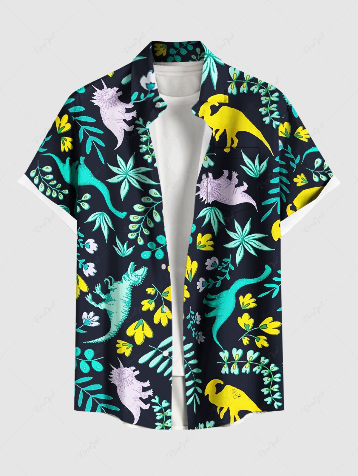 Trendy Plus Size Dinosaur Flower Leaf Branch Print Hawaii Button Pocket Shirt For Men  