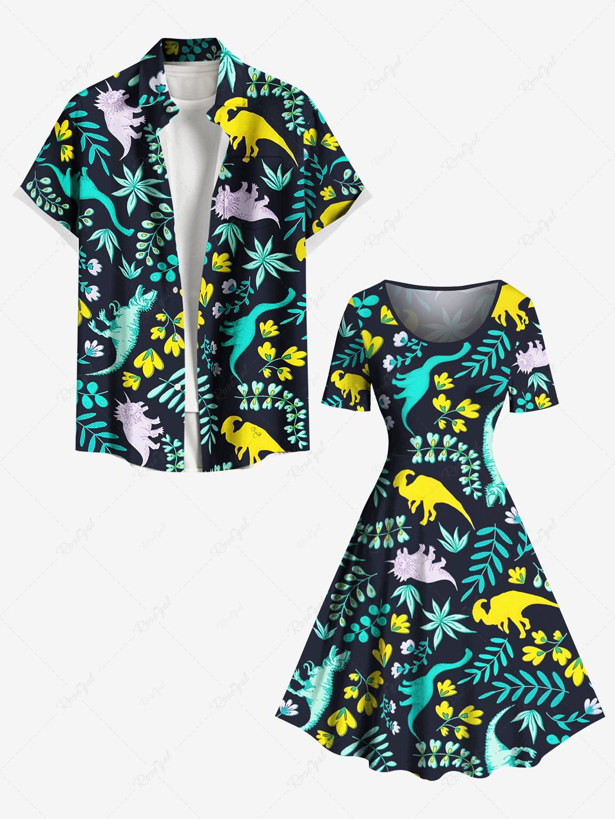 Outfit Dinosaur Flower Leaf Branch Print Plus Size Matching Hawaii Beach Outfit For Couples  